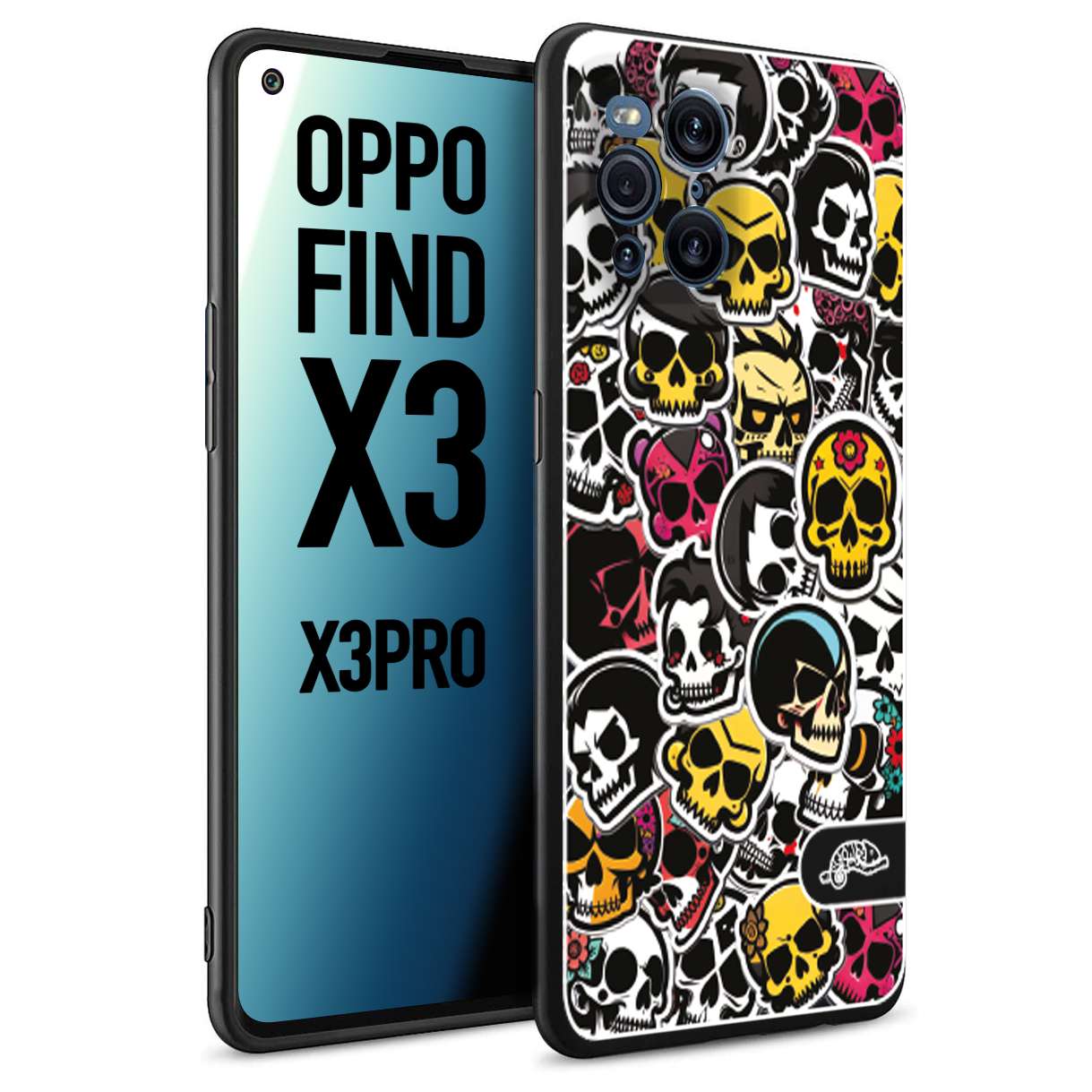 CUSTOMIZZA - Custodia cover nera morbida in tpu compatibile per Oppo Find X3 - Find X3 Pro 5G sticker bomb teschi colorati adesivi skulls skater snowboard