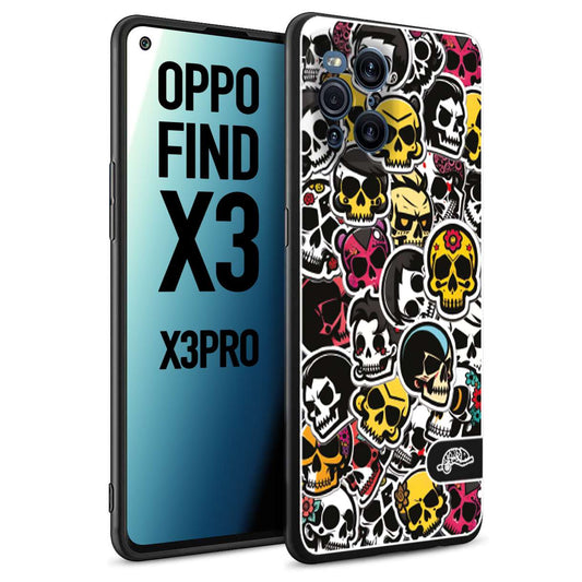 CUSTOMIZZA - Custodia cover nera morbida in tpu compatibile per Oppo Find X3 - Find X3 Pro 5G sticker bomb teschi colorati adesivi skulls skater snowboard