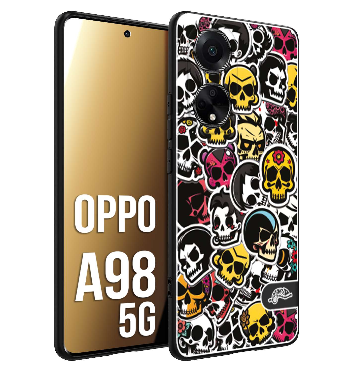 CUSTOMIZZA - Custodia cover nera morbida in tpu compatibile per Oppo A98 5G sticker bomb teschi colorati adesivi skulls skater snowboard