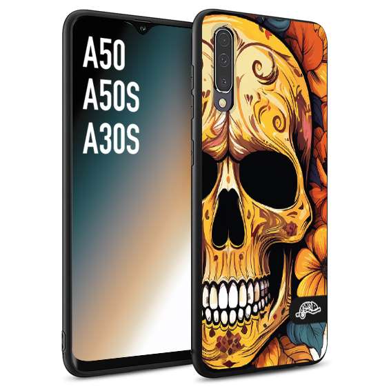 CUSTOMIZZA - Custodia cover nera morbida in tpu compatibile per Samsung A50 - A50S - A30S teschio messicano colorato dorato fiori autunnali disegnato