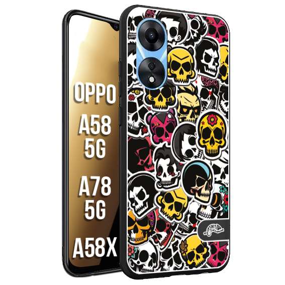 CUSTOMIZZA - Custodia cover nera morbida in tpu compatibile per Oppo A58 5G - A78 5G - A58X sticker bomb teschi colorati adesivi skulls skater snowboard