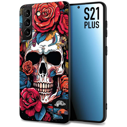 CUSTOMIZZA - Custodia cover nera morbida in tpu compatibile per Samsung S21 PLUS teschio skull flowers fiori rose rosse tattoo disegnato