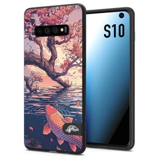 CUSTOMIZZA - Custodia cover nera morbida in tpu compatibile per Samsung S10 giapponese lago carpa koi rosa con foglie d'acero disegnata tattoo