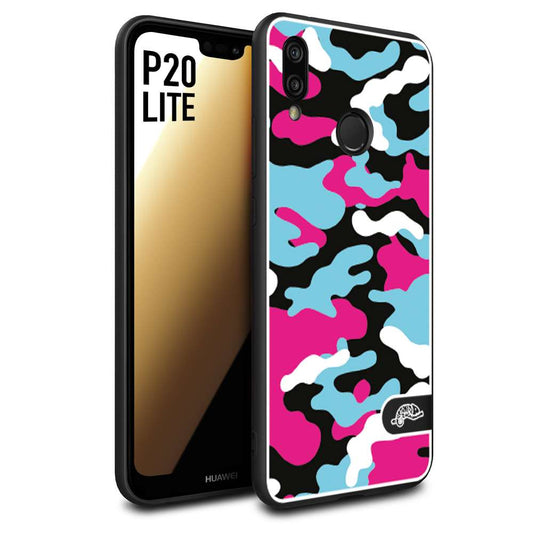 CUSTOMIZZA - Custodia cover nera morbida in tpu compatibile per Huawei P20 LITE camouflage mimetico militare fucsia celeste