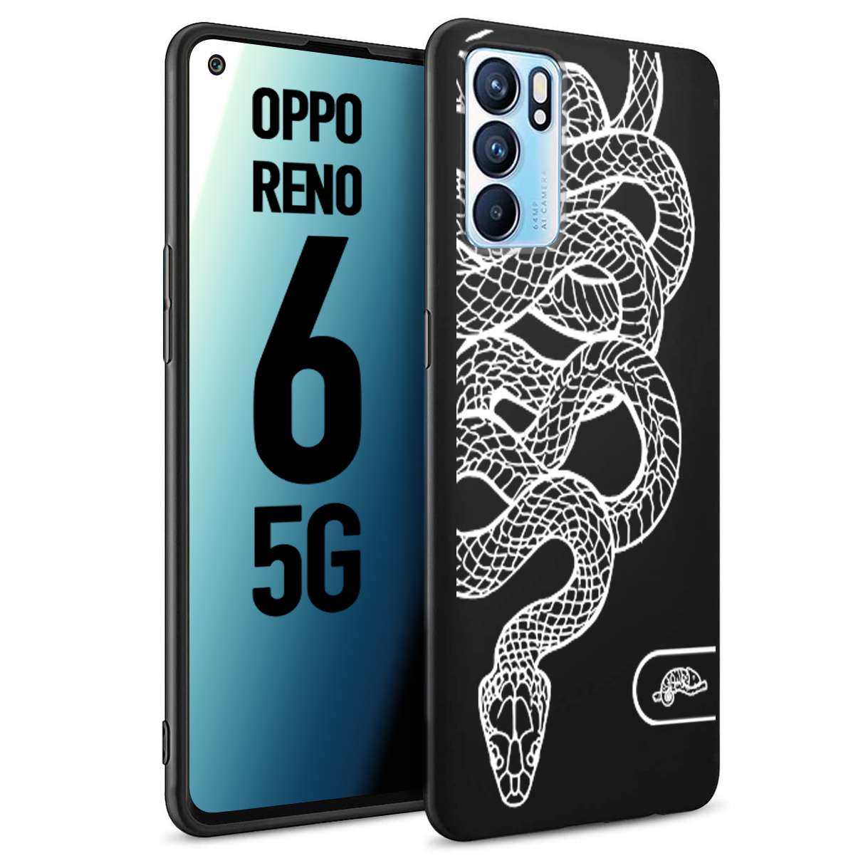 CUSTOMIZZA - Custodia cover nera morbida in tpu compatibile per Oppo Reno 6 5G serpente snake bianco a rilievo disegnato tattoo tatuaggio