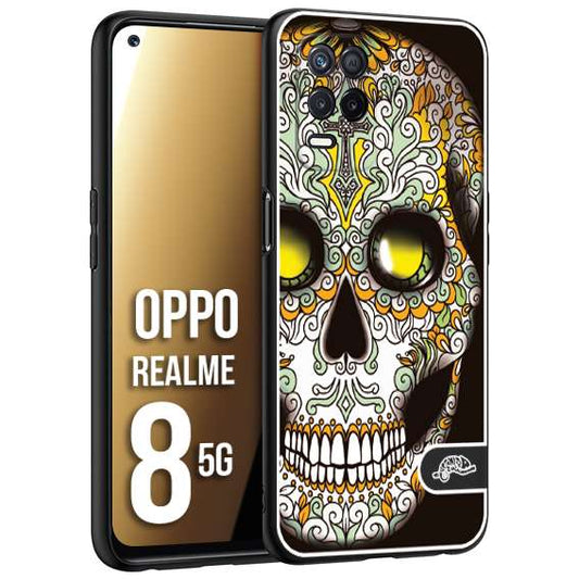 CUSTOMIZZA - Custodia cover nera morbida in tpu compatibile per Oppo Realme 8 5G teschio messicano Mexican skull bianco verde giallo