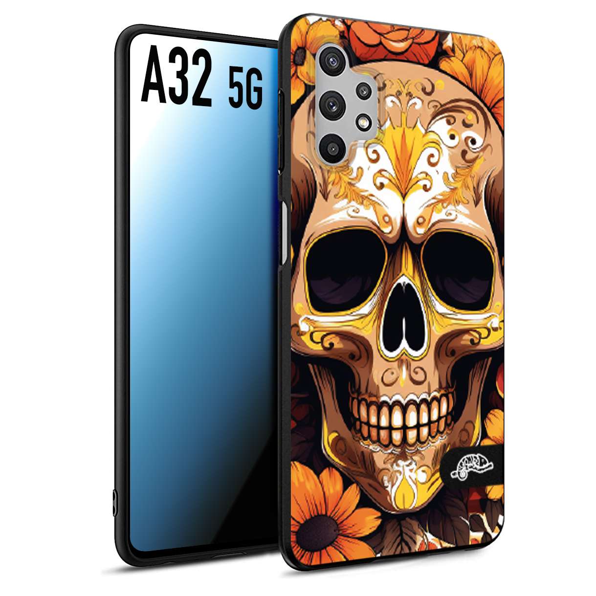 CUSTOMIZZA - Custodia cover nera morbida in tpu compatibile per Samsung A32 5G teschio messicano colorato dorato fiori tattoo disegnato