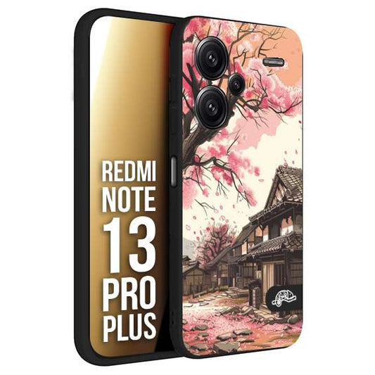 CUSTOMIZZA - Custodia cover nera morbida in tpu compatibile per Xiaomi Redmi Note 13 PRO PLUS casa giapponese rosa ciliegio in fiore disegnata tattoo