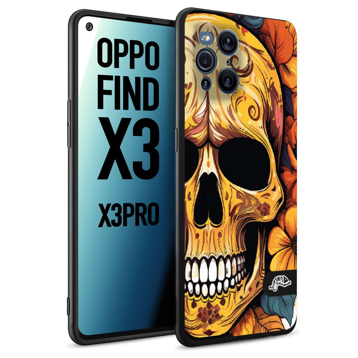 CUSTOMIZZA - Custodia cover nera morbida in tpu compatibile per Oppo Find X3 - Find X3 Pro 5G teschio messicano colorato dorato fiori autunnali disegnato