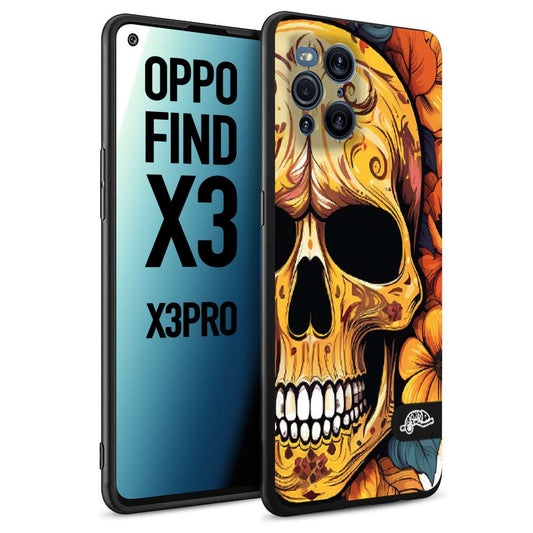 CUSTOMIZZA - Custodia cover nera morbida in tpu compatibile per Oppo Find X3 - Find X3 Pro 5G teschio messicano colorato dorato fiori autunnali disegnato