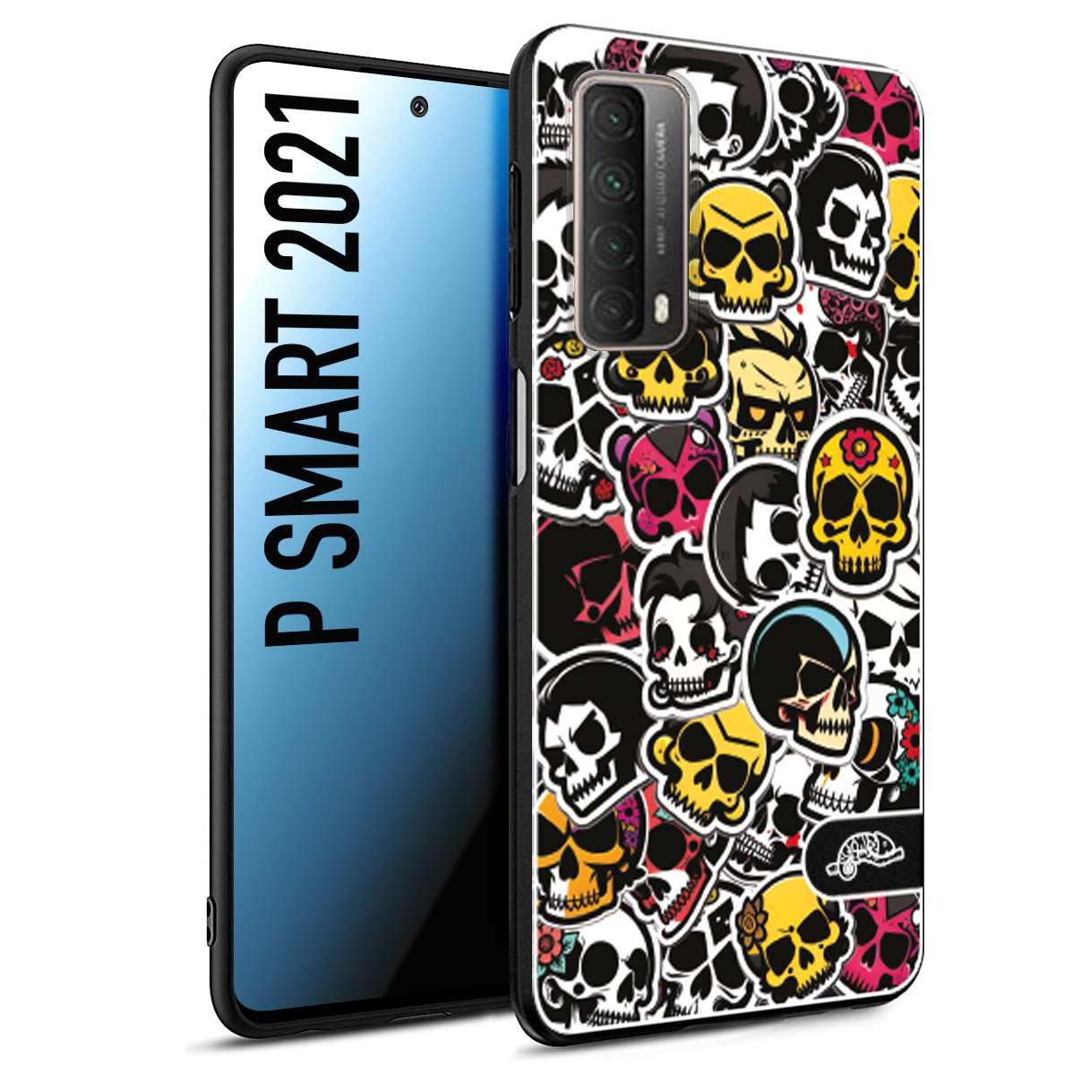 CUSTOMIZZA - Custodia cover nera morbida in tpu compatibile per Huawei P Smart 2021 sticker bomb teschi colorati adesivi skulls skater snowboard