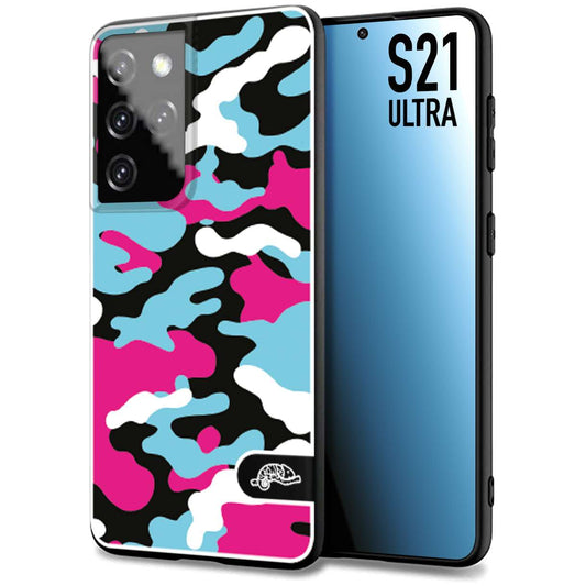 CUSTOMIZZA - Custodia cover nera morbida in tpu compatibile per Samsung S21 ULTRA camouflage mimetico militare fucsia celeste