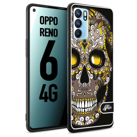 CUSTOMIZZA - Custodia cover nera morbida in tpu compatibile per Oppo Reno 6 4G teschio messicano Mexican skull nero giallo