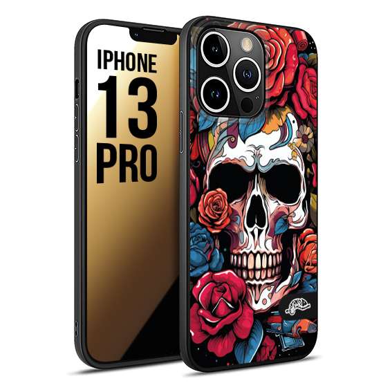 CUSTOMIZZA - Custodia cover nera morbida in tpu compatibile per iPhone 13 PRO teschio skull flowers fiori rose rosse tattoo disegnato