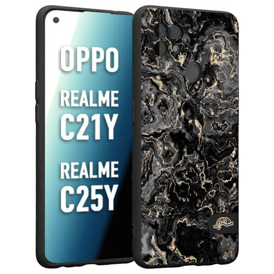 CUSTOMIZZA - Custodia cover nera morbida in tpu compatibile per Oppo Realme C21Y - C25Y effetto marmo marble nero black venature dorato pietra