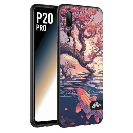 CUSTOMIZZA - Custodia cover nera morbida in tpu compatibile per Huawei P20 PRO giapponese lago carpa koi rosa con foglie d'acero disegnata tattoo