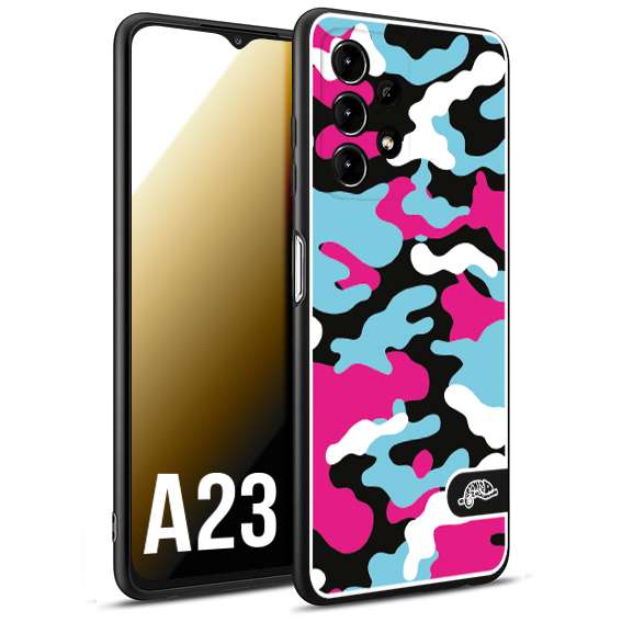 CUSTOMIZZA - Custodia cover nera morbida in tpu compatibile per Samsung A23 camouflage mimetico militare fucsia celeste