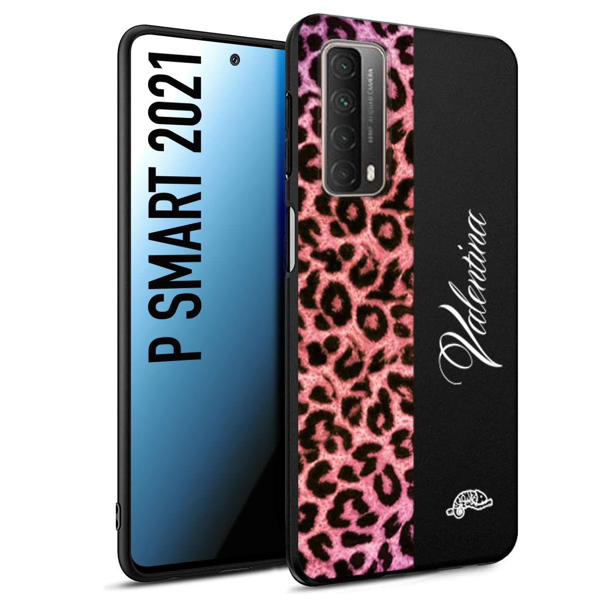 CUSTOMIZZA - Custodia cover nera morbida in tpu compatibile per Huawei P Smart 2021 leopardato rosa fucsia personalizzata nome iniziali