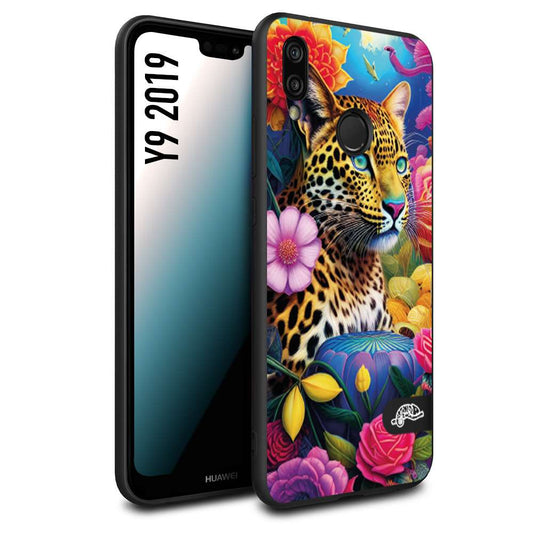 CUSTOMIZZA - Custodia cover nera morbida in tpu compatibile per Huawei Y9 2019 fiori astratti donna flower fantasia leopardo ghepardo animali colorati