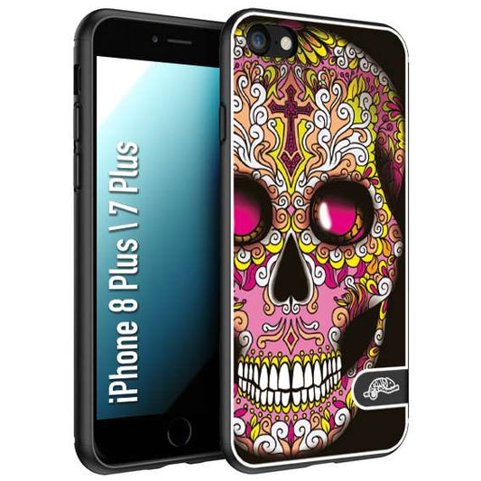 CUSTOMIZZA - Custodia cover nera morbida in tpu compatibile per iPhone 7 Plus - 8 plusteschio messicano Mexican skull rosa gialla