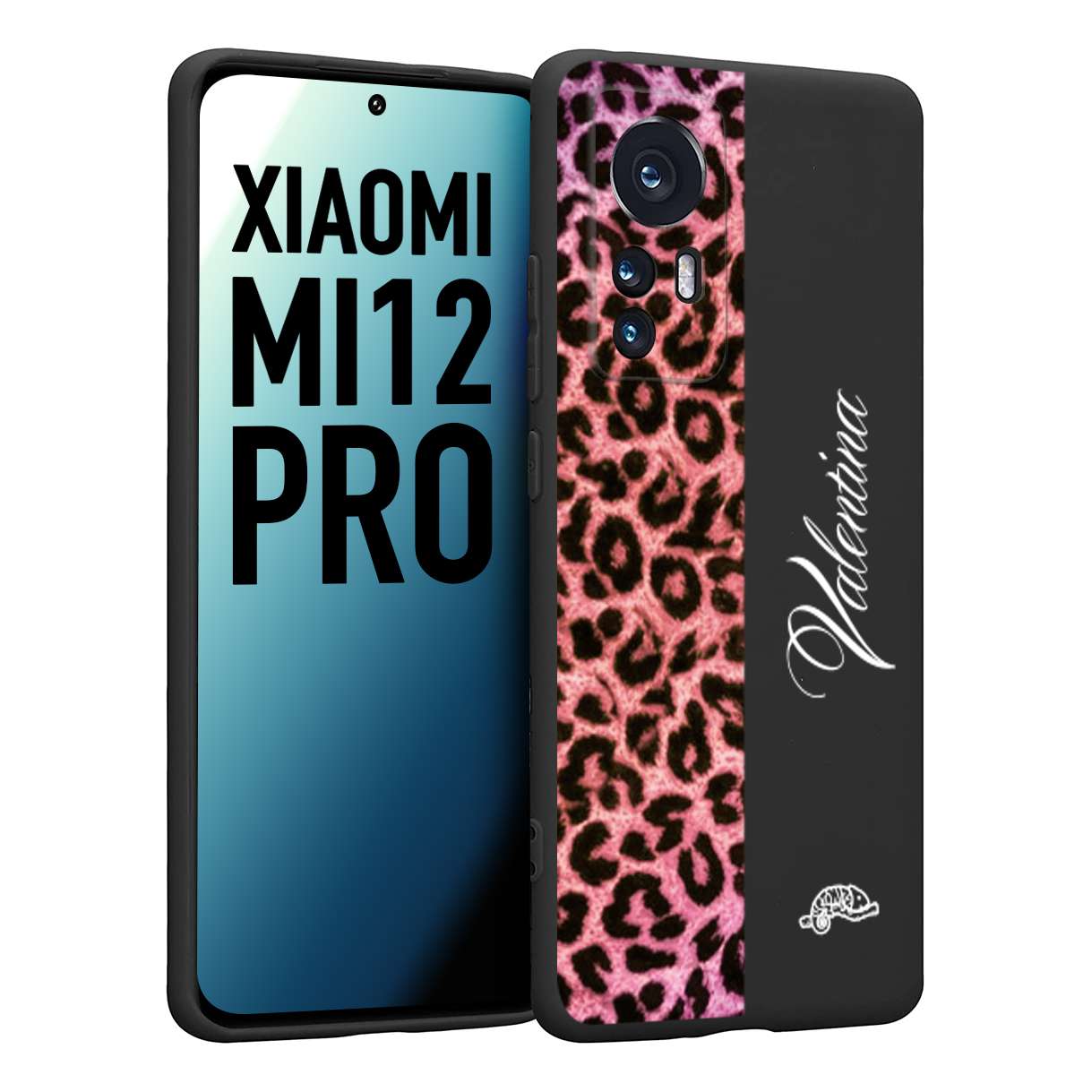 CUSTOMIZZA - Custodia cover nera morbida in tpu compatibile per Xiaomi 12 PRO leopardato rosa fucsia personalizzata nome iniziali