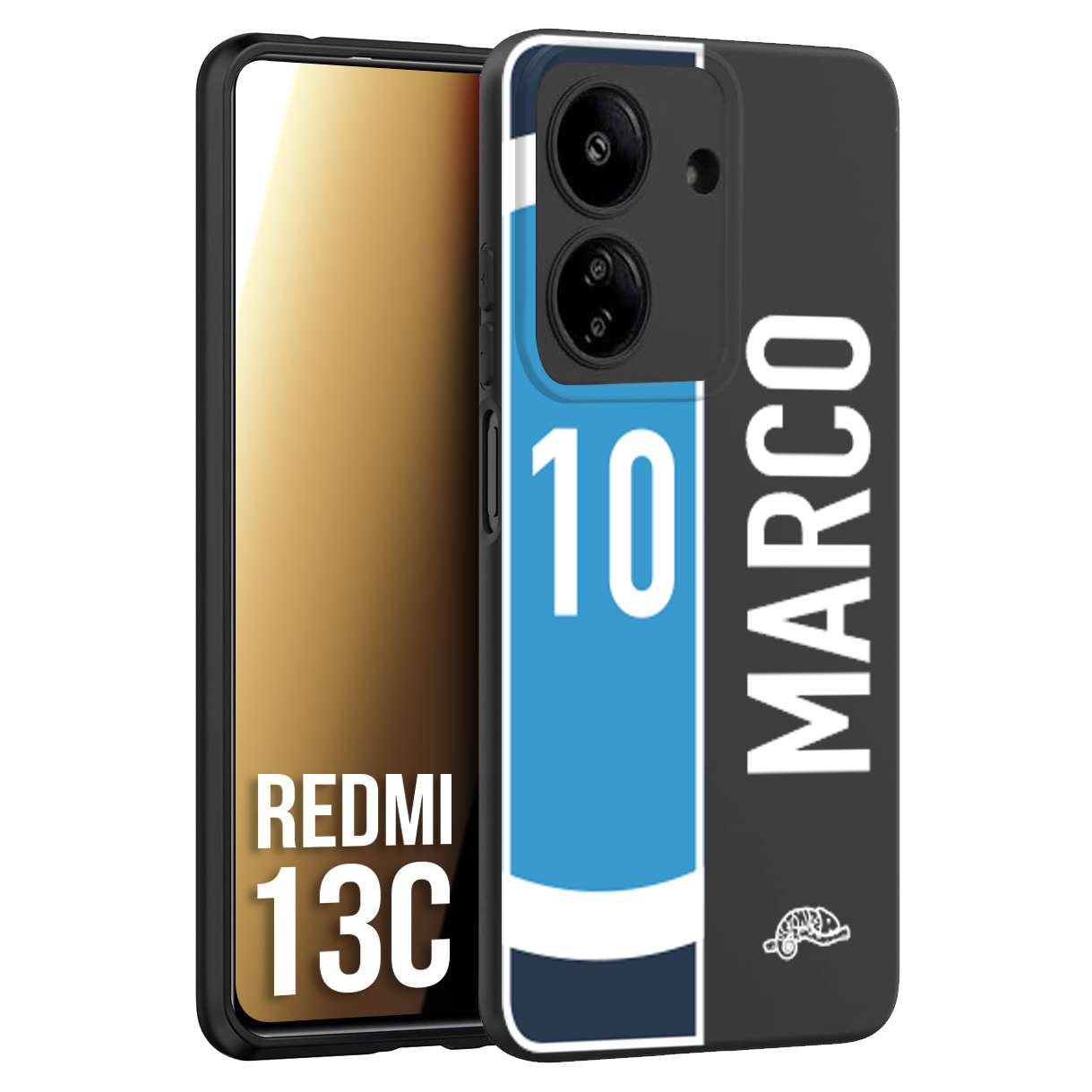 CUSTOMIZZA - Custodia cover nera morbida in tpu compatibile per Xiaomi Redmi 13C personalizzata calcio football nome e numero calciatori biancoazzurri bianco celesti