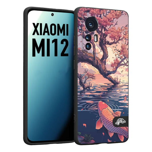 CUSTOMIZZA - Custodia cover nera morbida in tpu compatibile per Xiaomi 12 5G giapponese lago carpa koi rosa con foglie d'acero disegnata tattoo