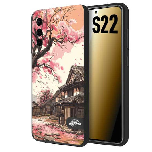 CUSTOMIZZA - Custodia cover nera morbida in tpu compatibile per Samsung S22 casa giapponese rosa ciliegio in fiore disegnata tattoo