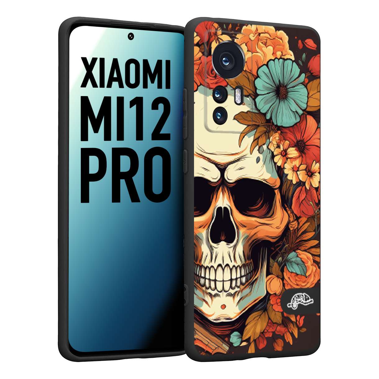 CUSTOMIZZA - Custodia cover nera morbida in tpu compatibile per Xiaomi 12 PRO teschio skull flowers fiori autunnali arancio celeste tattoo