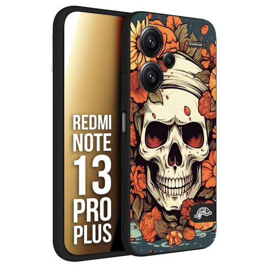 CUSTOMIZZA - Custodia cover nera morbida in tpu compatibile per Xiaomi Redmi Note 13 PRO PLUS teschio skull flowers fiori tattoo disegnato alta definizione