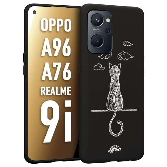 CUSTOMIZZA - Custodia cover nera morbida in tpu compatibile per Oppo Realme 9i - A96 - A76 gatto mandala stilizzato gattino a rilievo soft touch donna bianca