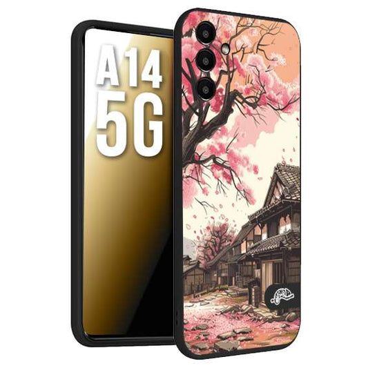 CUSTOMIZZA - Custodia cover nera morbida in tpu compatibile per Samsung A14 5G casa giapponese rosa ciliegio in fiore disegnata tattoo