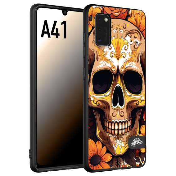 CUSTOMIZZA - Custodia cover nera morbida in tpu compatibile per Samsung A41 teschio messicano colorato dorato fiori tattoo disegnato