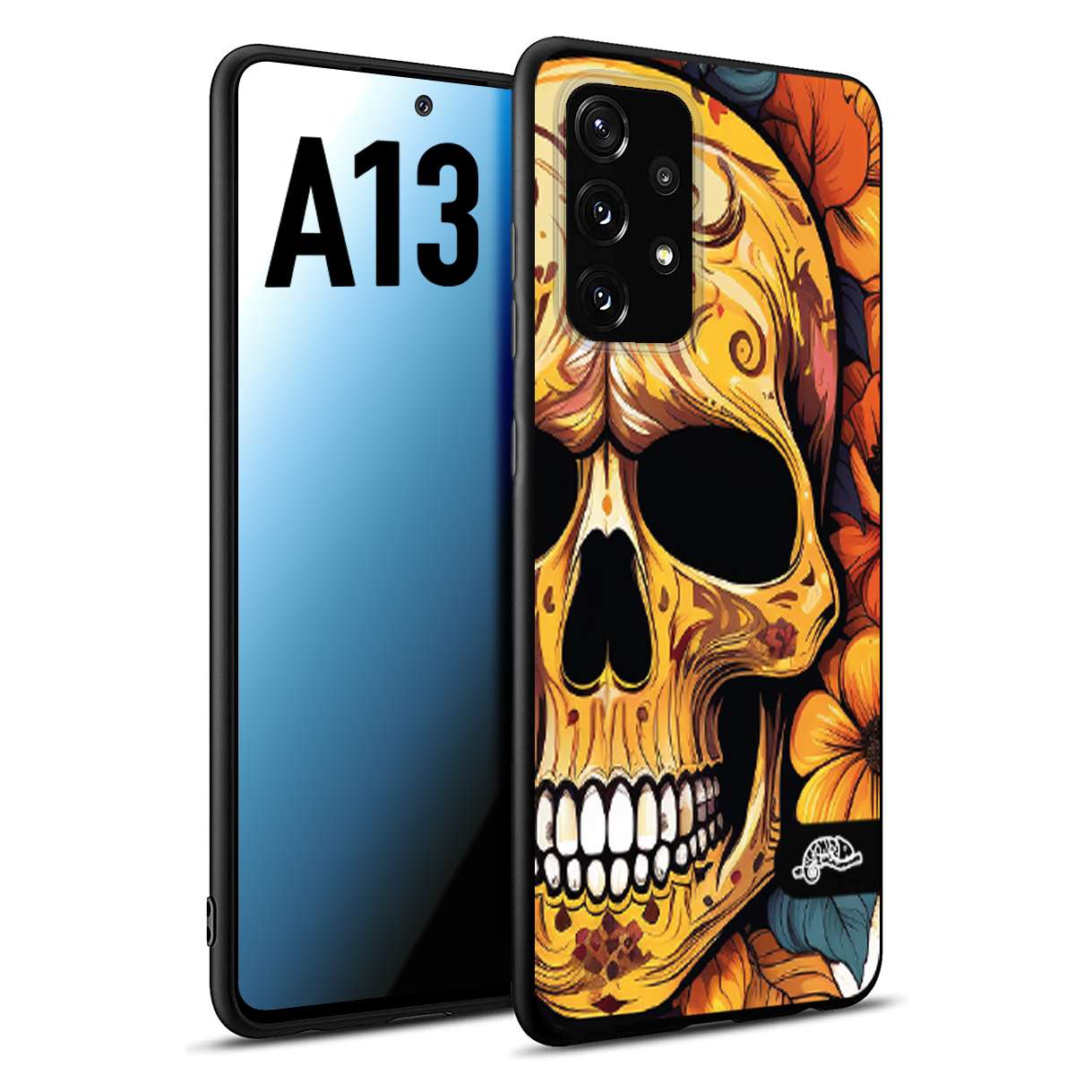 CUSTOMIZZA - Custodia cover nera morbida in tpu compatibile per Samsung A13 teschio messicano colorato dorato fiori autunnali disegnato