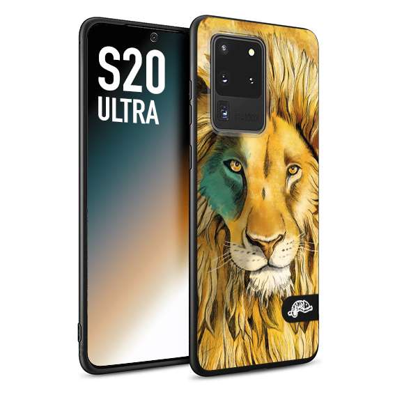 CUSTOMIZZA - Custodia cover nera morbida in tpu compatibile per Samsung S20 ULTRA leone lion disegnato a mano giallo blu a rilievo artistico brown