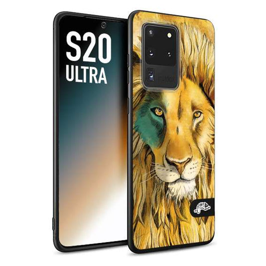 CUSTOMIZZA - Custodia cover nera morbida in tpu compatibile per Samsung S20 ULTRA leone lion disegnato a mano giallo blu a rilievo artistico brown