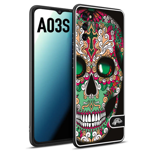 CUSTOMIZZA - Custodia cover nera morbida in tpu compatibile per Samsung A03S teschio messicano Mexican skull verde fucsia