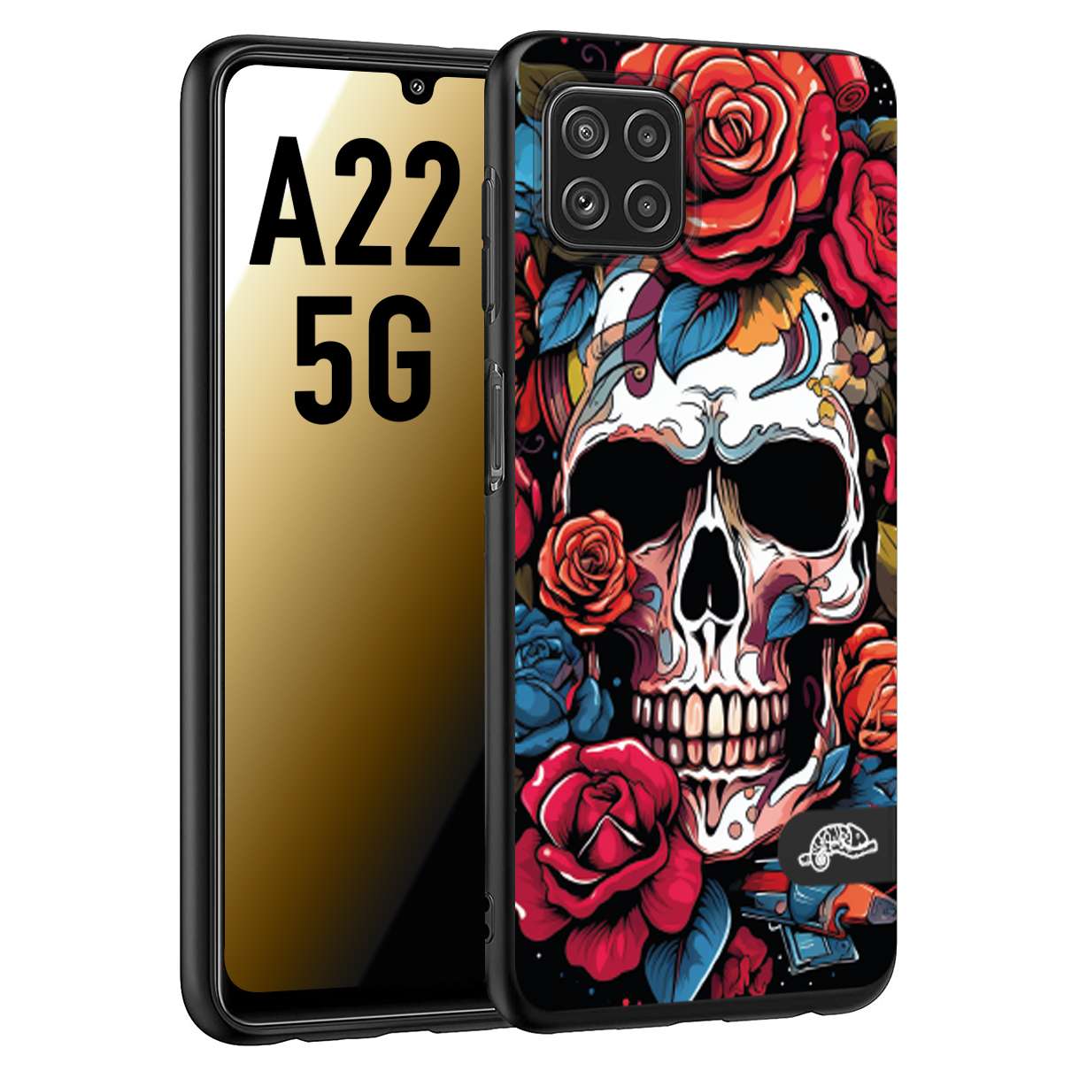 CUSTOMIZZA - Custodia cover nera morbida in tpu compatibile per Samsung A22 5G teschio skull flowers fiori rose rosse tattoo disegnato