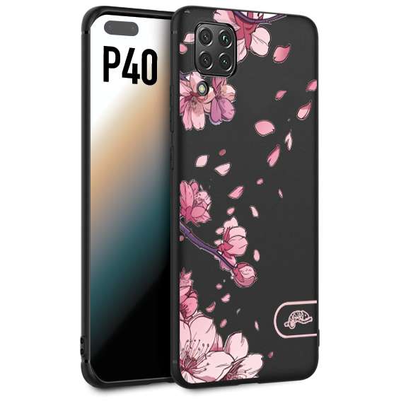 CUSTOMIZZA - Custodia cover nera morbida in tpu compatibile per Huawei P40 giapponese fiori di ciliegio in fiore a rilievo disegnata tattoo