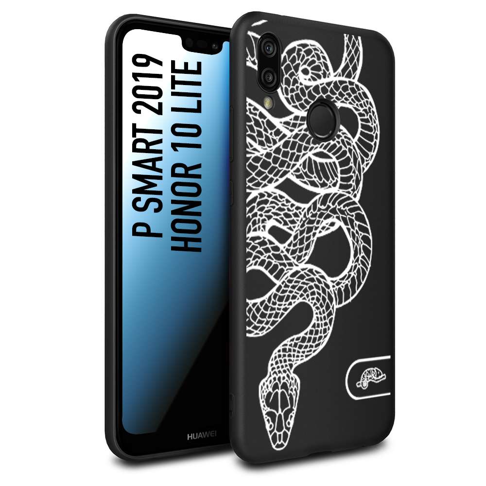 CUSTOMIZZA - Custodia cover nera morbida in tpu compatibile per Huawei P Smart 2019 serpente snake bianco a rilievo disegnato tattoo tatuaggio