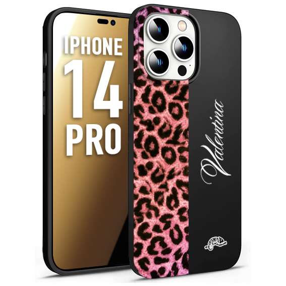 CUSTOMIZZA - Custodia cover nera morbida in tpu compatibile per iPhone 14 PRO leopardato rosa fucsia personalizzata nome iniziali