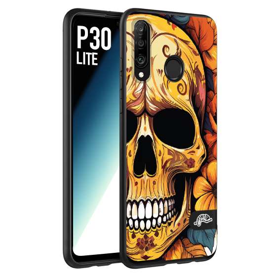 CUSTOMIZZA - Custodia cover nera morbida in tpu compatibile per Huawei P30 LITE teschio messicano colorato dorato fiori autunnali disegnato