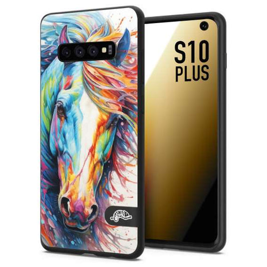 CUSTOMIZZA - Custodia cover nera morbida in tpu compatibile per Samsung S10 PLUS animali color cavallo horse viso colori vibranti disegnato schizzo