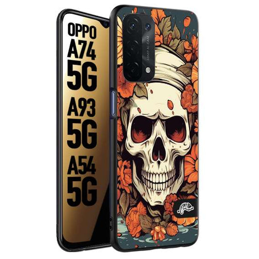 CUSTOMIZZA - Custodia cover nera morbida in tpu compatibile per Oppo A74 5G - A93 5G - A54 5G teschio skull flowers fiori tattoo disegnato alta definizione