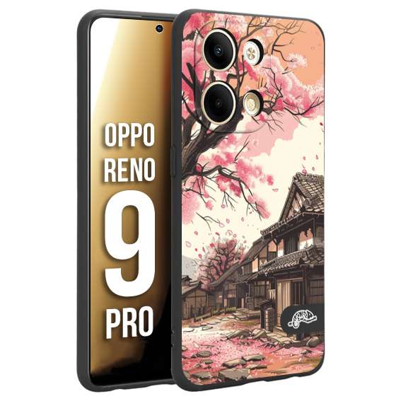 CUSTOMIZZA - Custodia cover nera morbida in tpu compatibile per Oppo Reno 9 PRO casa giapponese rosa ciliegio in fiore disegnata tattoo