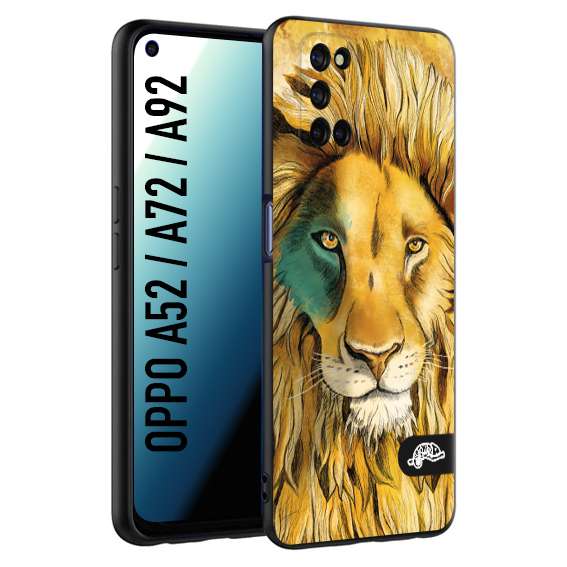 CUSTOMIZZA - Custodia cover nera morbida in tpu compatibile per Oppo A52 - A72 - A92 leone lion disegnato a mano giallo blu a rilievo artistico brown