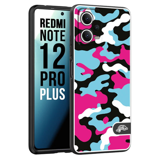 CUSTOMIZZA - Custodia cover nera morbida in tpu compatibile per Xiaomi Redmi Note 12 PRO PLUS camouflage mimetico militare fucsia celeste