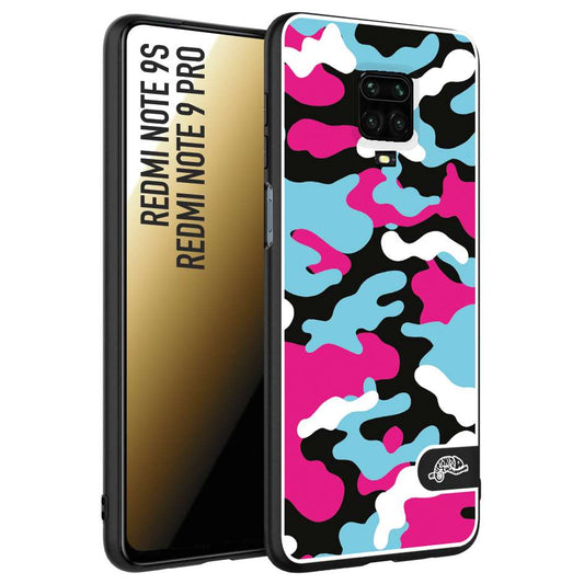 CUSTOMIZZA - Custodia cover nera morbida in tpu compatibile per Xiaomi Redmi Note 9S - Note 9 PRO camouflage mimetico militare fucsia celeste