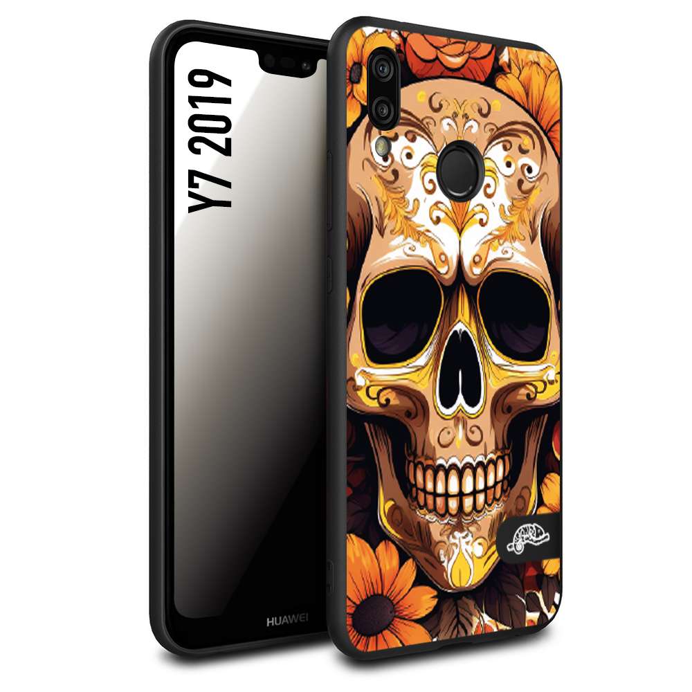 CUSTOMIZZA - Custodia cover nera morbida in tpu compatibile per Huawei Y7 2019 teschio messicano colorato dorato fiori tattoo disegnato