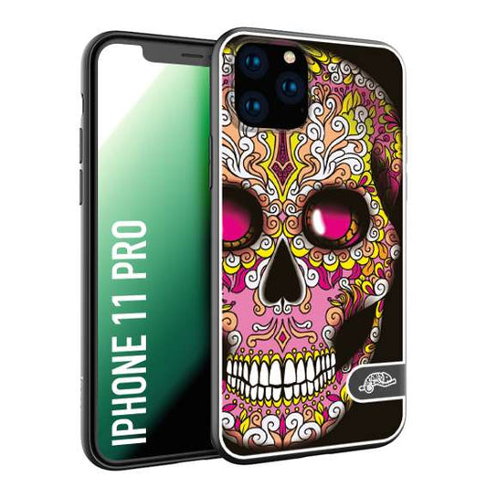 CUSTOMIZZA - Custodia cover nera morbida in tpu compatibile per iPhone 11 PRO teschio messicano Mexican skull rosa gialla